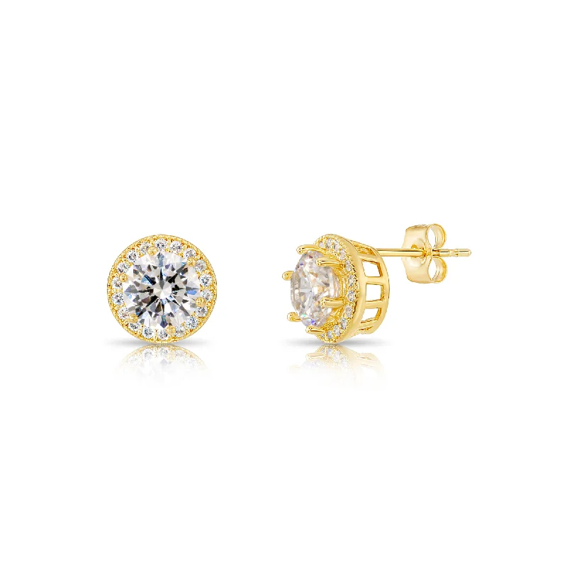 10k Yellow Gold Solitaire Halo Pushback Stud Earrings