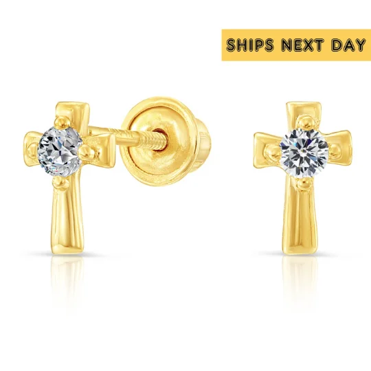 10k Yellow Gold Tiny Cute Cross Stud Earrings