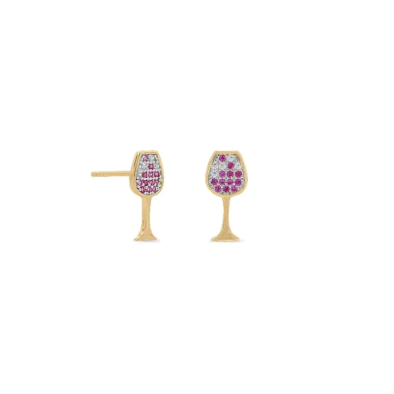 14 Karat Gold Plated Sterling Silver CZ Red Wine Glass Stud Earrings