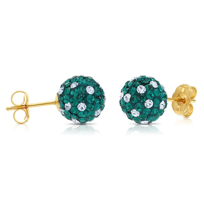 14k Yellow Gold Green Sparkle Ball Studs