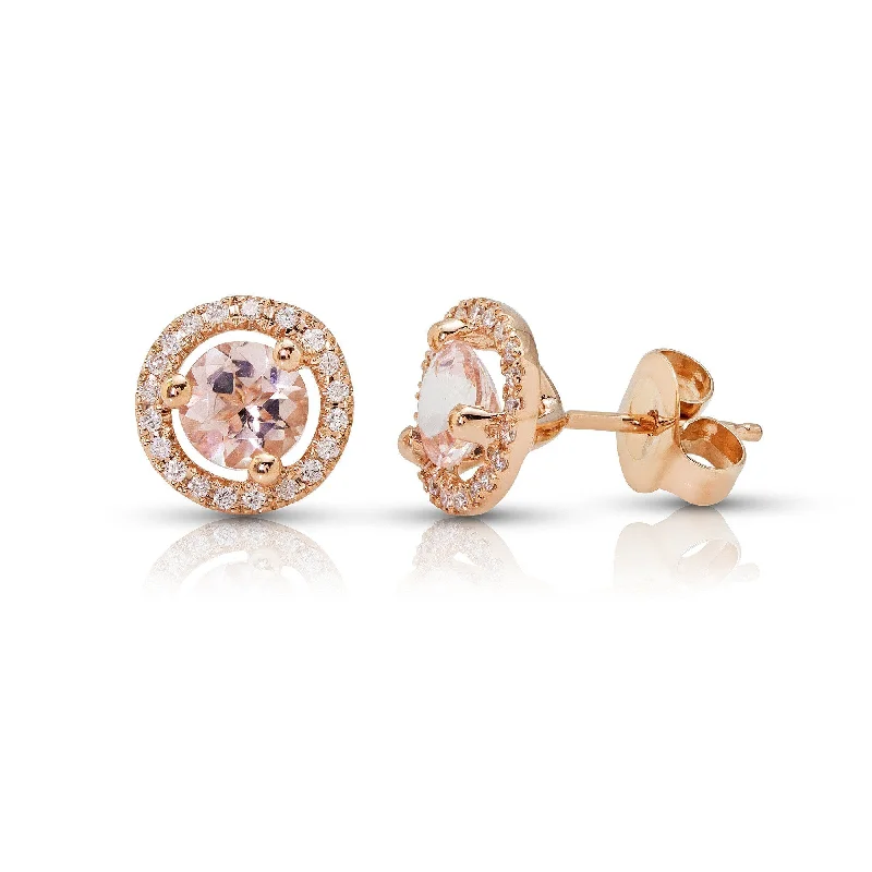 14k Rose Gold Round Morganite & Diamond Halo Earrings - 6mm