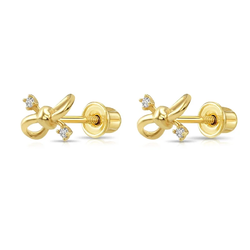 14k Solid Yellow Gold Ribbon Bow Studs, With Screw on Screwbacks