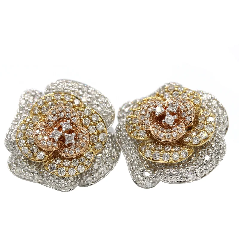 14K Tri-Color Gold Diamond Flower Earrings