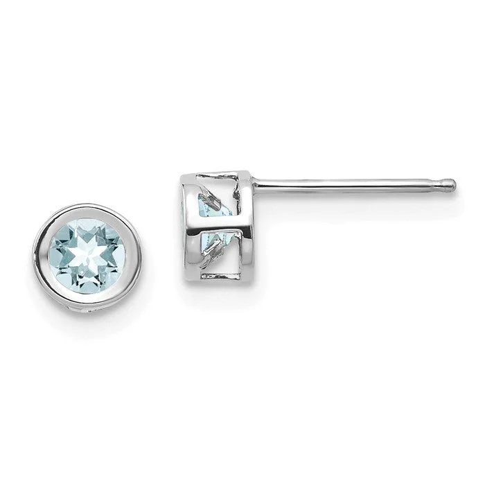 14k White Gold 4mm Round Aquamarine Bezel Set Earrings