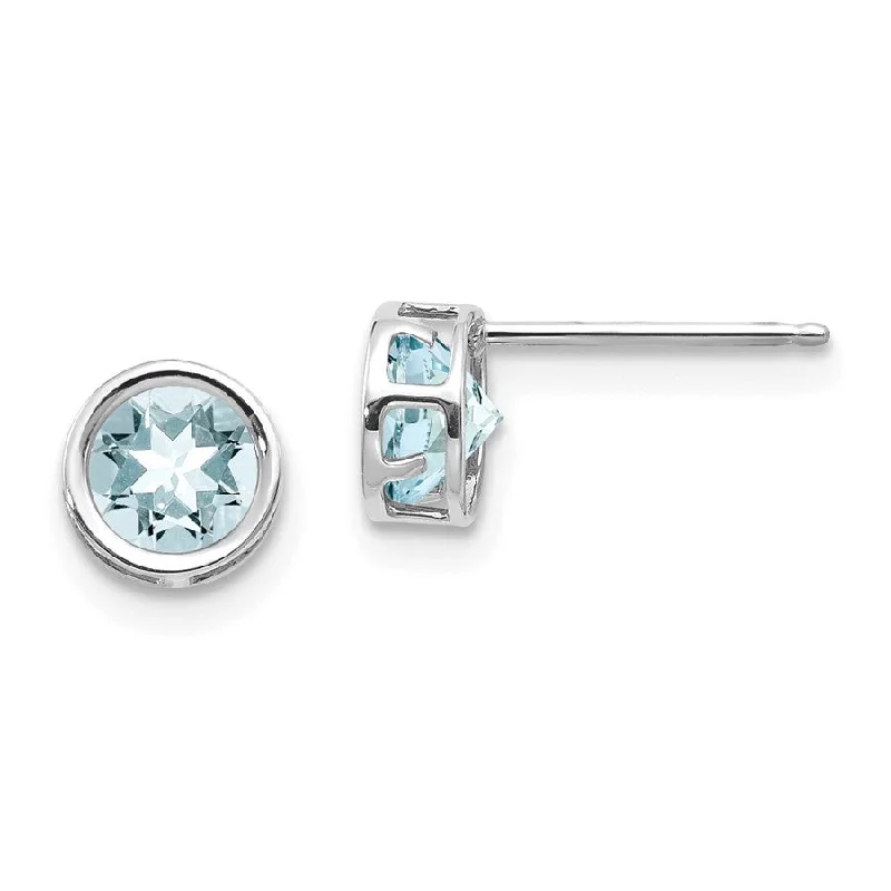 14k White Gold 5mm Round Aquamarine Bezel Set Earrings