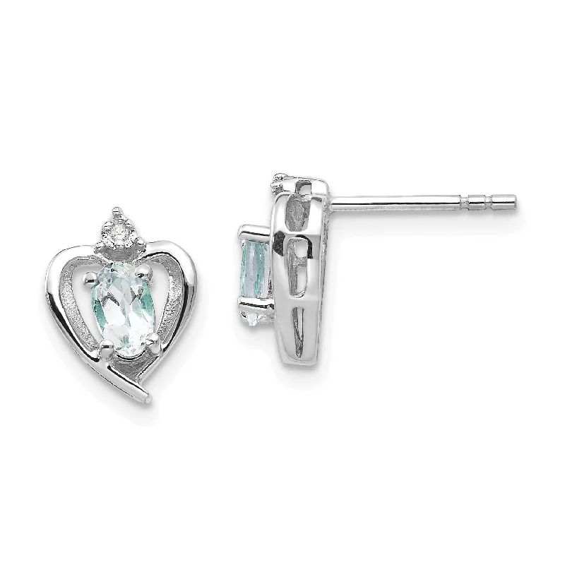 14k White Gold Genuine Aquamarine & Diamond Heart Earrings