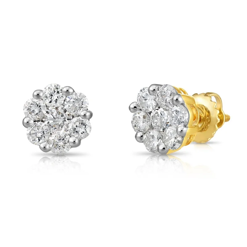 14K Yellow Gold Diamond Cluster Stud Earring with Screw-Back, 0.25ctw, 0.50ctw, 0.75ctw, and 1 Carat Sizes