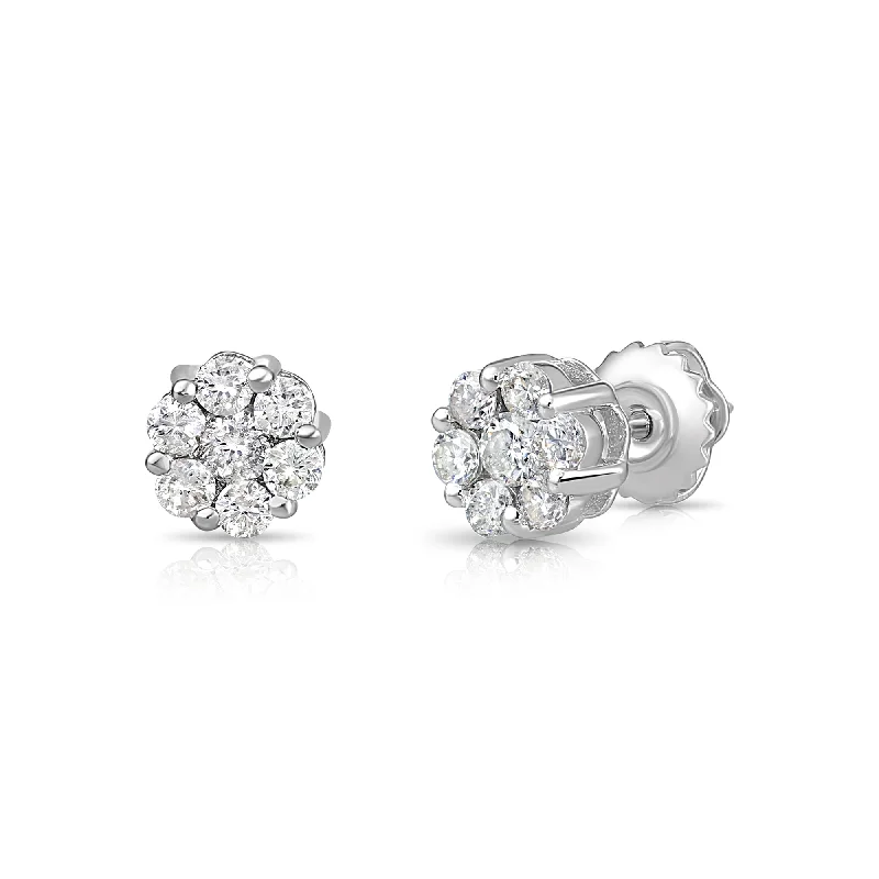 14K White Gold Diamond Cluster Stud Earring with Screw-Back, 0.50 carats