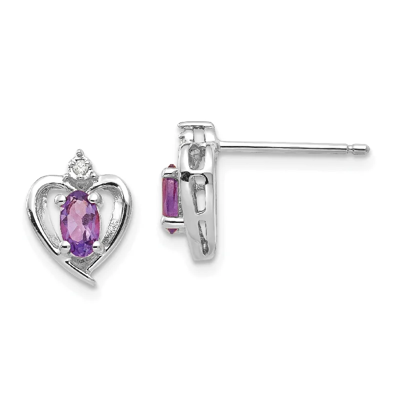 14k White Gold Diamond & Genuine Amethyst Heart Stud Earrings