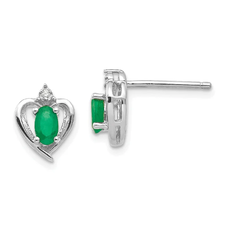 14k White Gold Diamond & Genuine Emerald Heart Stud Earrings