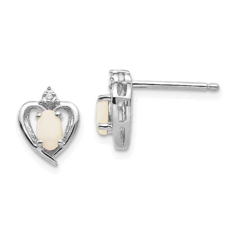 14k White Gold Diamond & Genuine Opal Heart Stud Earrings