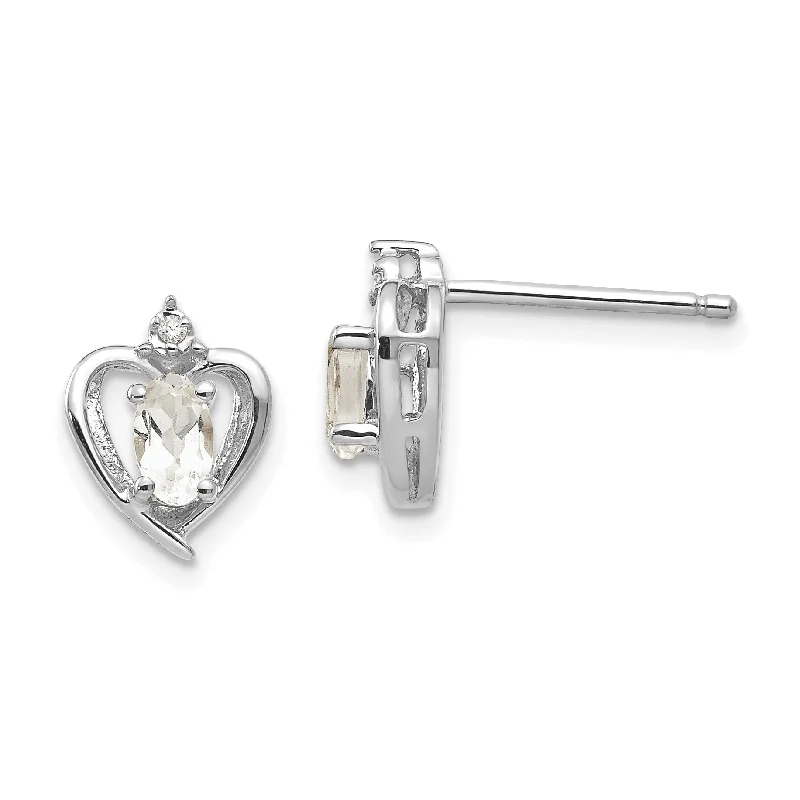 14k White Gold Diamond & Genuine White Topaz Heart Stud Earrings