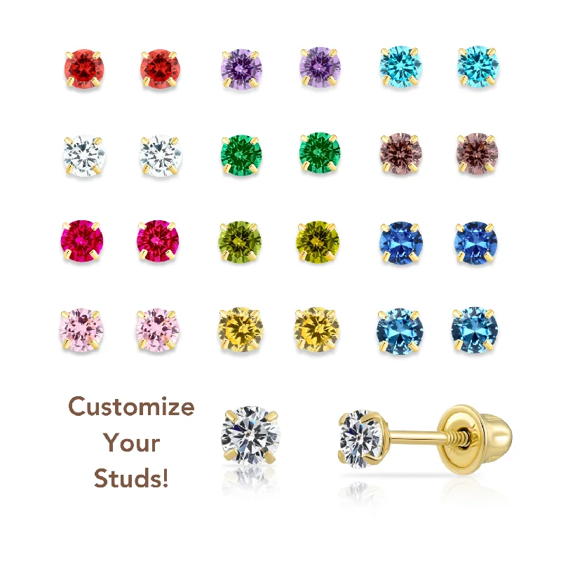 14K Yellow Gold Birthstone Stud Earrings, Screw-back, 2.5mm