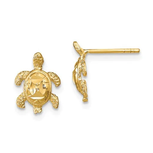 14k Yellow Gold Solid Dia.-Cut Shell Sea Turtle Post Earrings