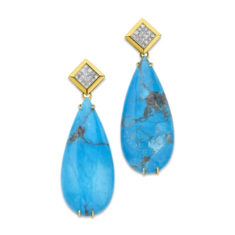 14kt YELLOW GOLD TURQUOISE & DIAMOND EARRINGS.