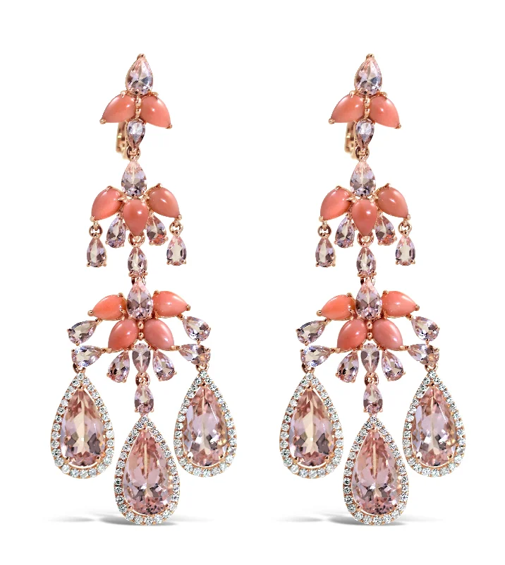 18KT ROSE GOLD CORAL, MORGANITE & DIAMOND EARRINGS