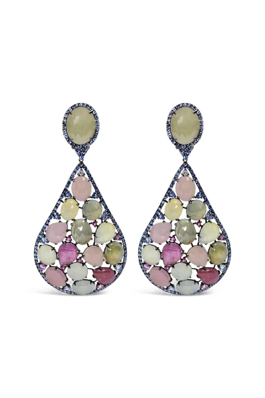 18KT WHITE GOLD MULTI COLOR SAPPHIRE EARRINGS