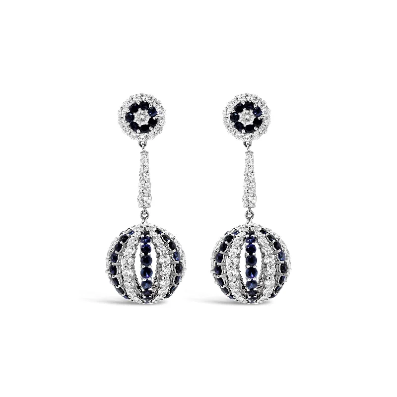 18KT WHITE GOLD SAPPHIRE & DIAMOND DANGLE EARRINGS.