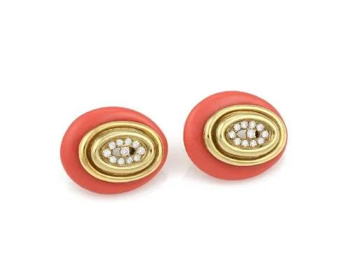 18KT YELLOW GOLD CORAL AND DIAMOND EARRINGS