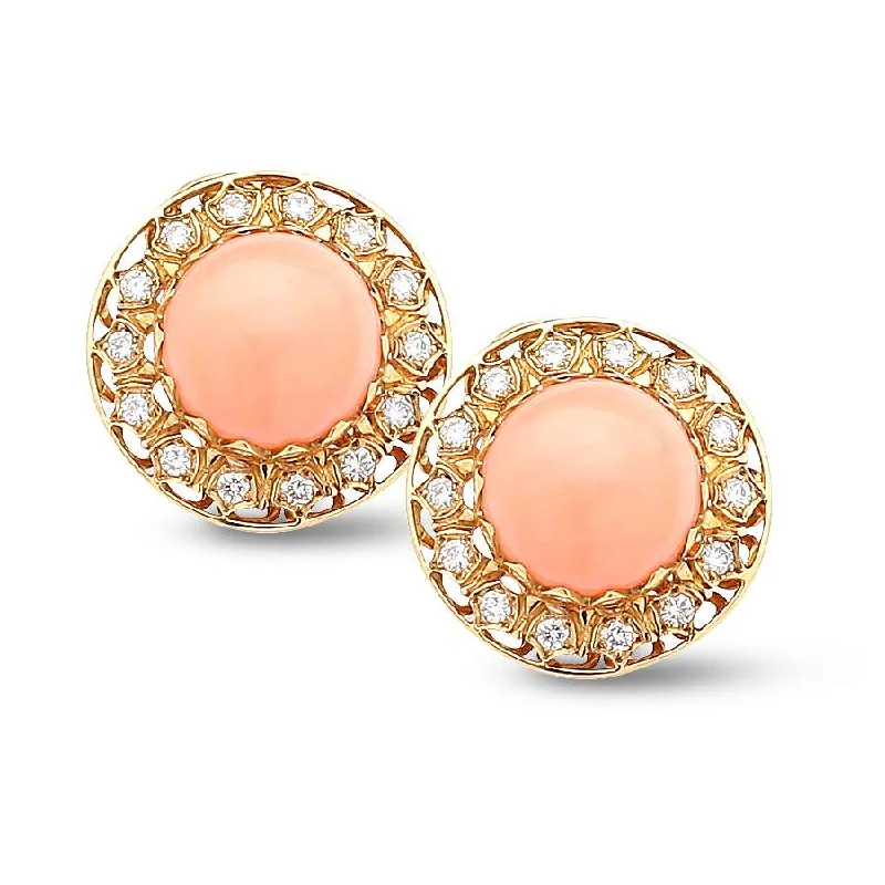 18KT YELLOW GOLD CORAL CABOCHON  AND DIAMOND EARRINGS