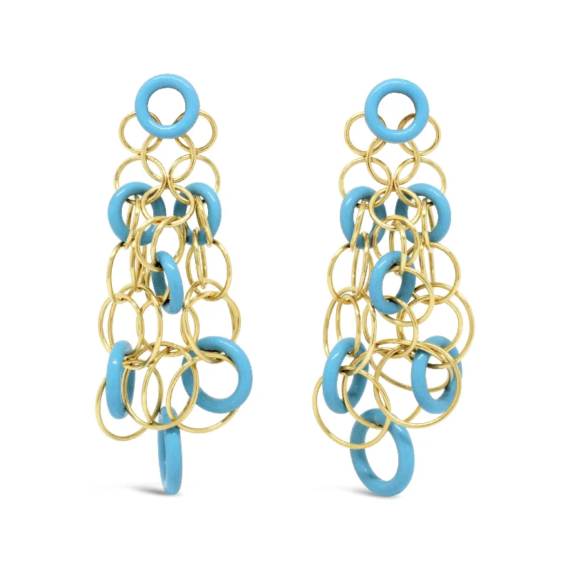 18KT YELLOW GOLD TURQUOISE DANGLE EARRINGS.