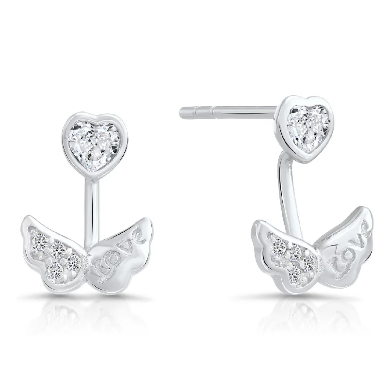 CZ Angel Wing Love Stud Earrings in Sterling Silver