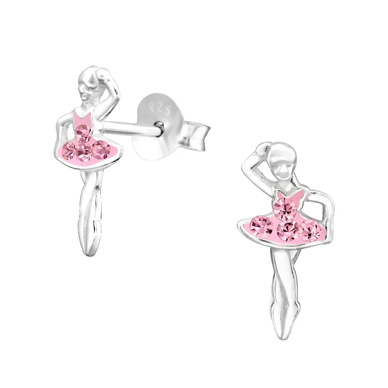 Ballerina Stud Earrings w/Crystals in Sterling Silver