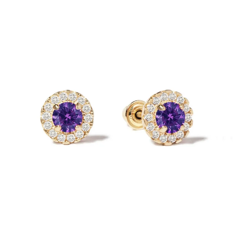 Birthstone Solitaire Halo Studs Amethyst