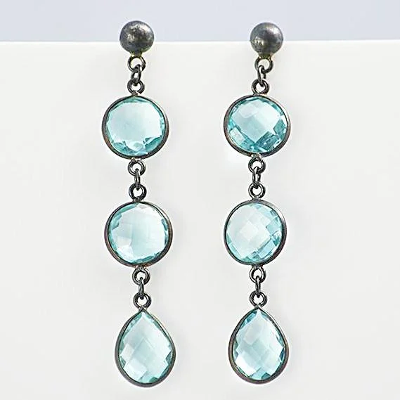 Blue Topaz Triple drop Bezel Set Stud Earrings - December Birthstone