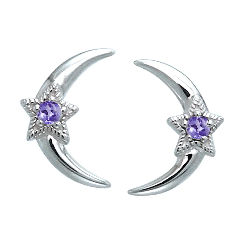 Celestial Star Crescent Moon ~ Amethyst, Blue Topaz, Garnet Sterling Silver Post Stud Earrings