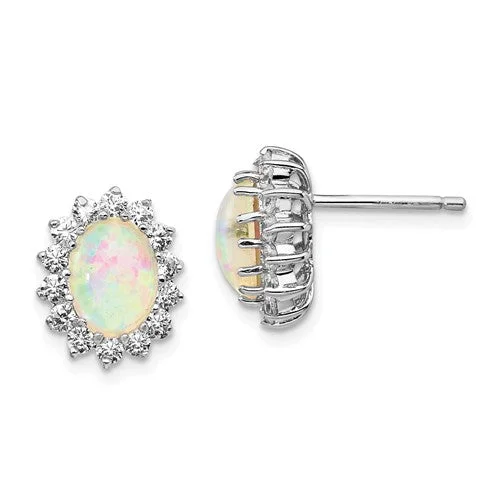 Cheryl M Sterling Silver CZ & Oval Opal Halo Post Earrings