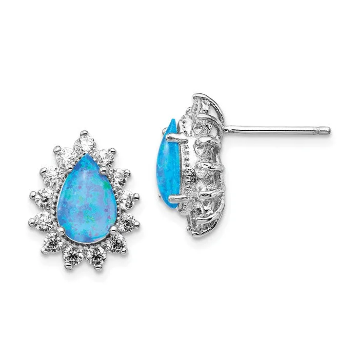 Cheryl M Sterling Silver CZ Pear Blue Opal Halo Post Earrings