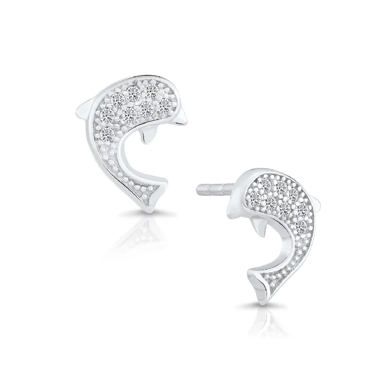 CZ Dolphin Stud Earrings in Sterling Silver