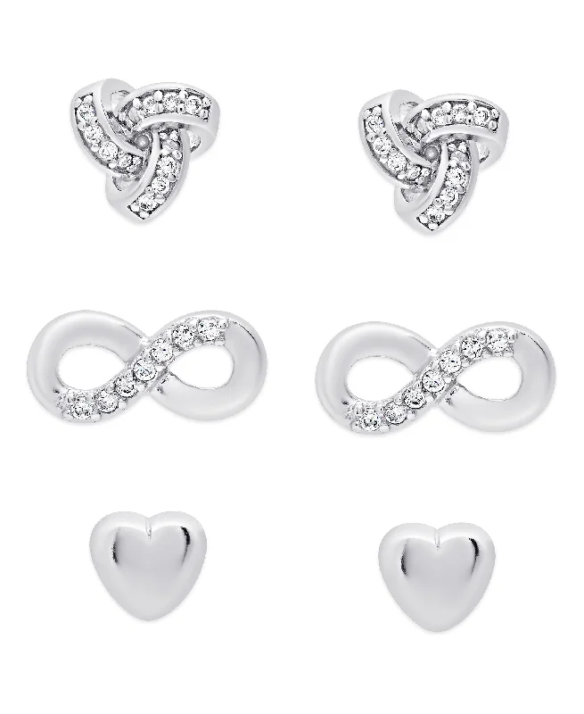 'Love Love Love' CZ Stud Set in Sterling Silver (Love Knot, Infinity, Heart)