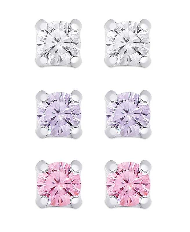 CZ Studs Set in Sterling Silver (White, Lavender, Pink)