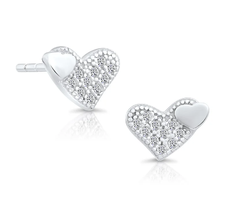 CZ Double Heart Stud Earrings in Sterling Silver