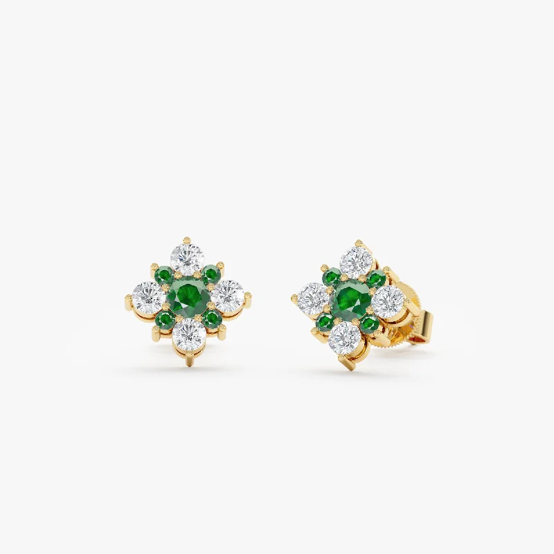 Emerald Diamond Flower Stud Earrings, Eve