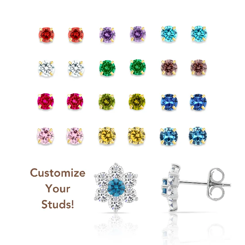 Flower Birthstone Stud Earrings, In 925 Sterling Silver Simulated Birthstone & CZ Studs for Girls, 12 Colors Available