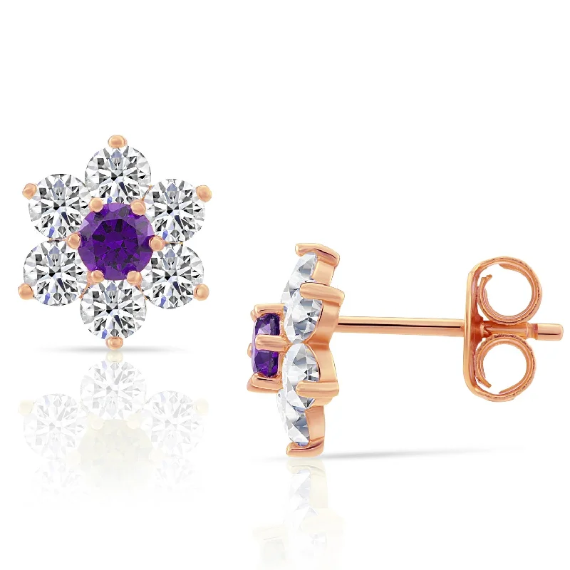 Flower Birthstone Stud Earrings, In 925 Sterling Silver Simulated Birthstone & CZ Studs for Girls, 12 Colors Available