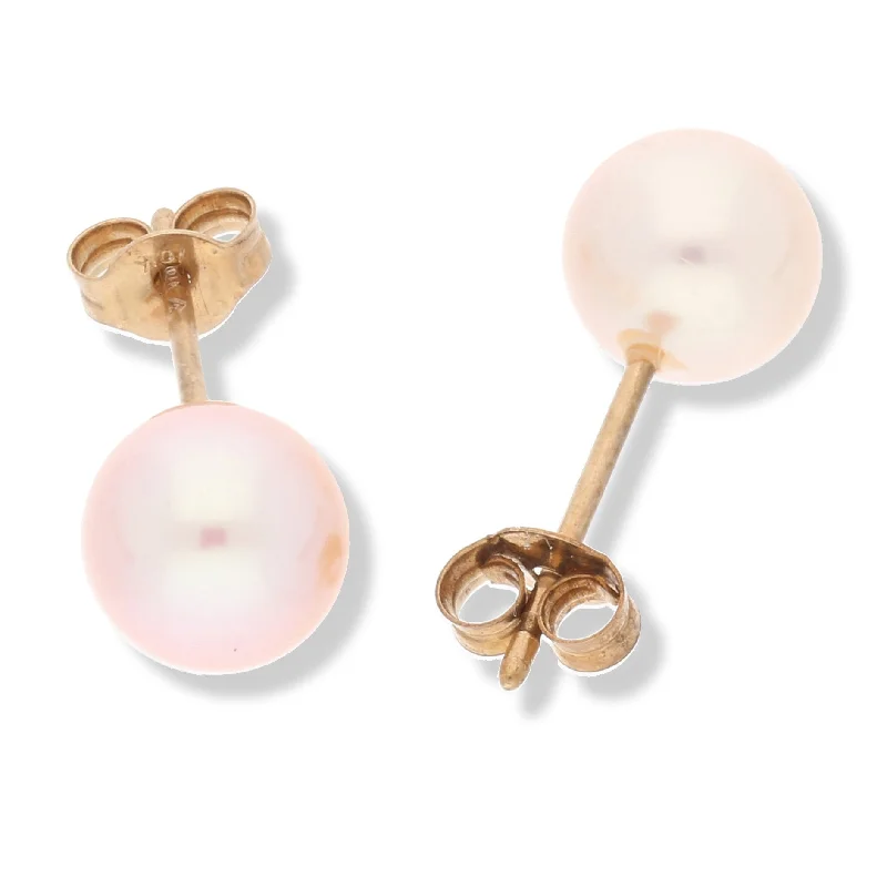 Genuine Round Pink Cultured Pearl 10K Gold Stud Earrings