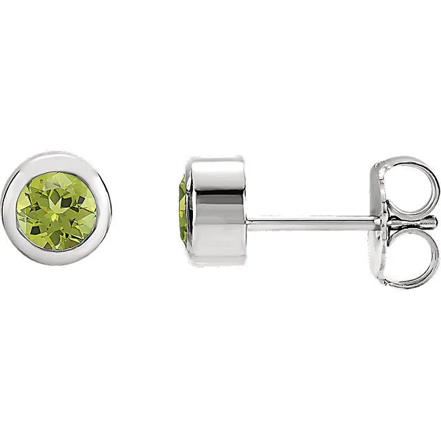 Genuine Peridot 4mm Round Bezel Set Earrings - 14k White or Yellow Gold