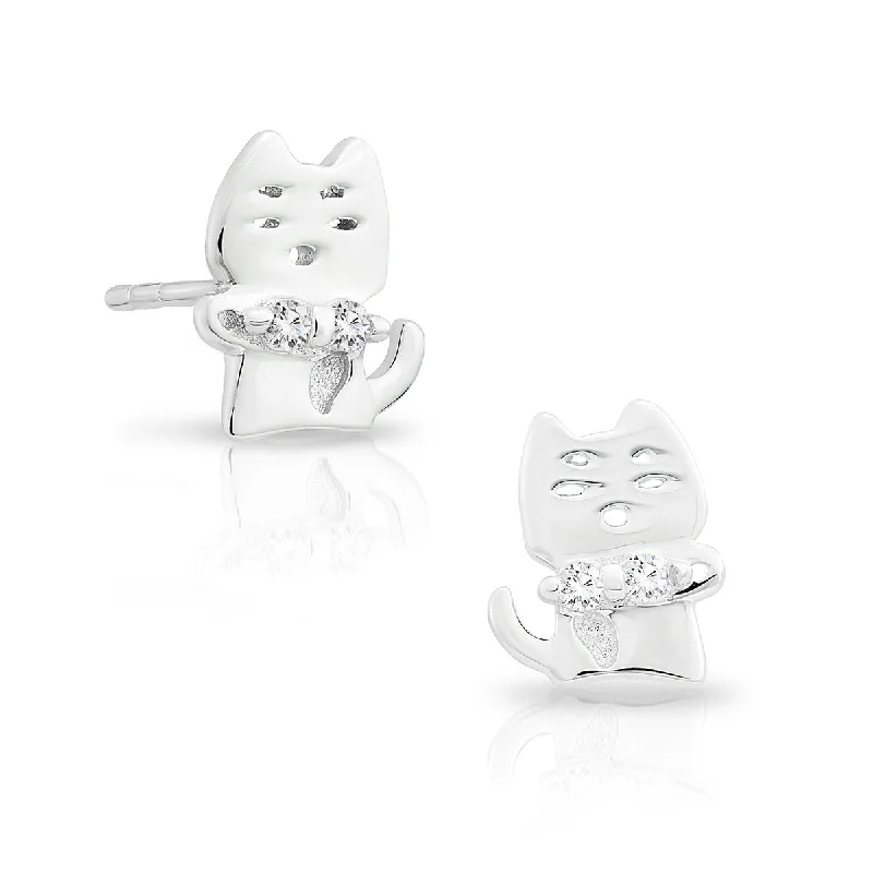 CZ Grumpy Cat Stud Earrings in Sterling Silver