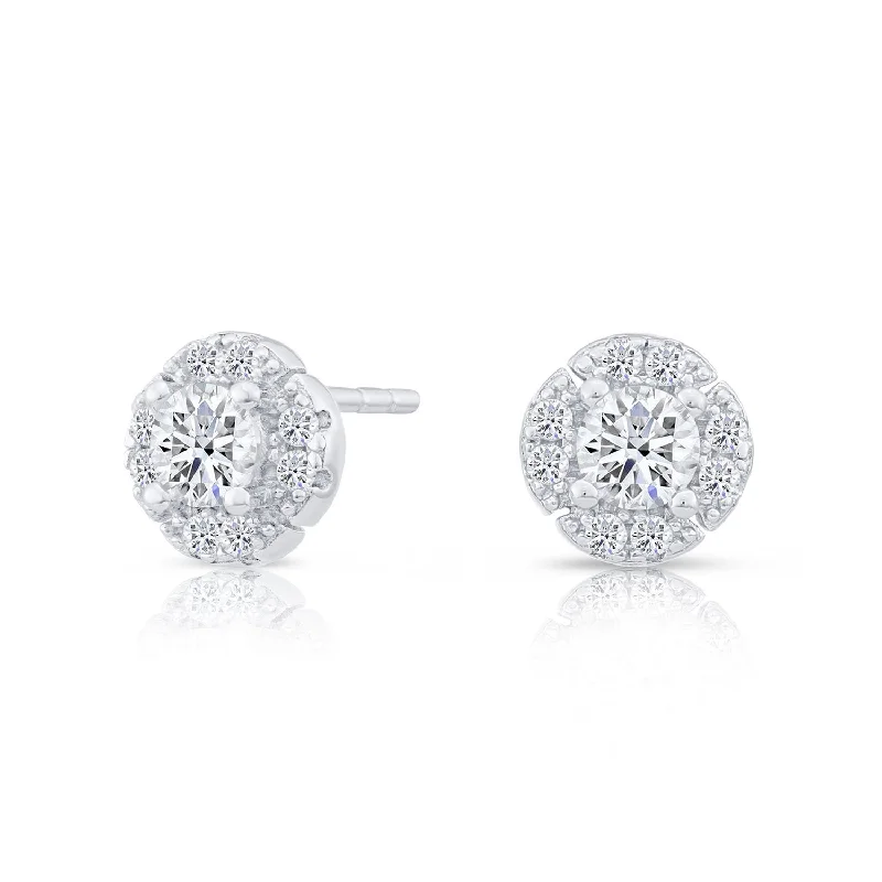 CZ Halo Flower Stud Earrings, 0887 in Sterling Silver