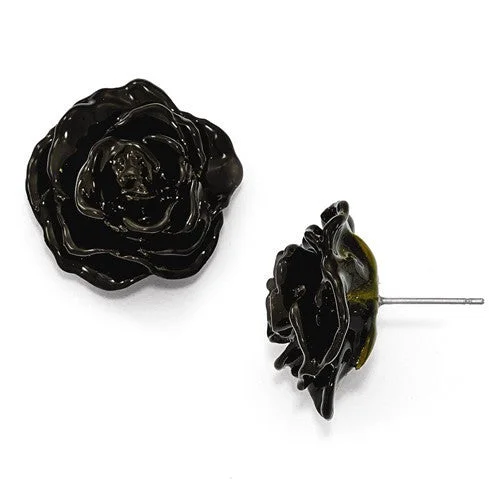 Lacquer Dipped Black Natural Rose Silver Earrings