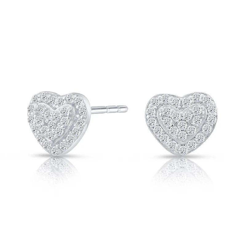 CZ Two Layer Double Heart Stud Earrings in Sterling Silver