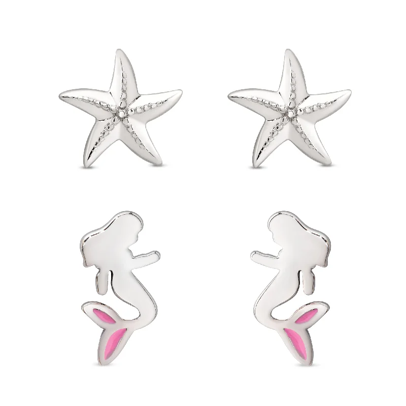 Mermaid and Starfish Stud Set in Sterling Silver