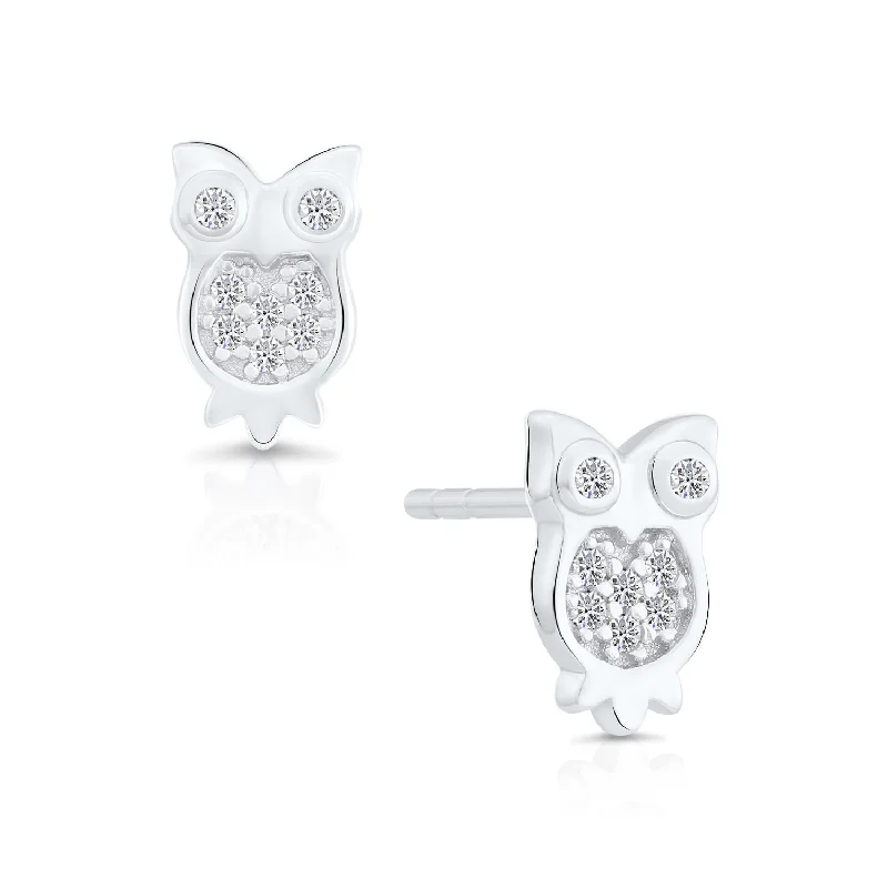 CZ Owl Stud Earrings in Sterling Silver