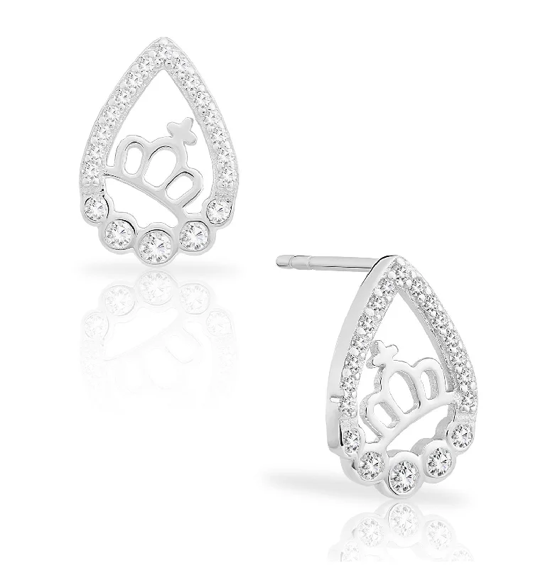 CZ Princess Crown Stud Earrings, Teardrop in Sterling Silver