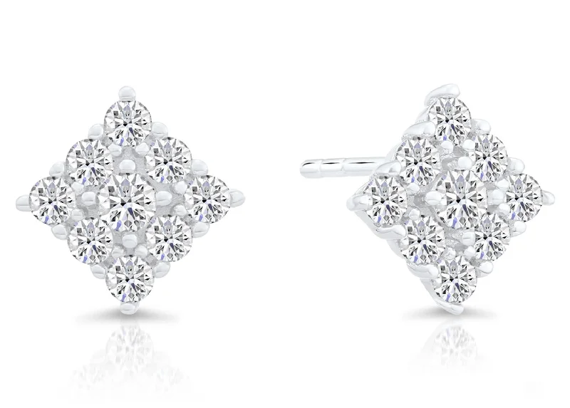 CZ Square Stud Earrings, Diamond Shape, Unisex in Sterling Silver