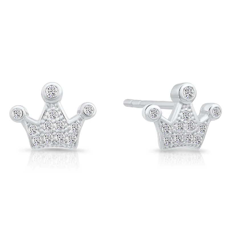 CZ Royal Princess Crown Stud Earrings in Sterling Silver